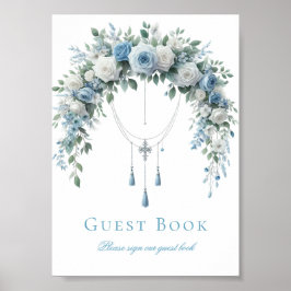 Blue Rose & Silver Cross Baptism Guest Book Sign Poster