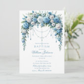 Blue Rose & Silver Cross Baptism Invitation Kaart (Staand voorkant)