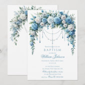 Blue Rose & Silver Cross Baptism Invitation Kaart (Voorkant / Achterkant)