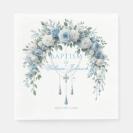 Blue Rose & Silver Cross Baptism Napkins Servet