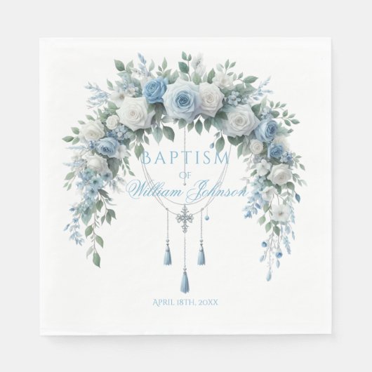 Blue Rose & Silver Cross Baptism Napkins Servet (Voorkant)