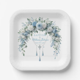 Blue Rose & Silver Cross Baptism Paper Plate Papieren Bordje