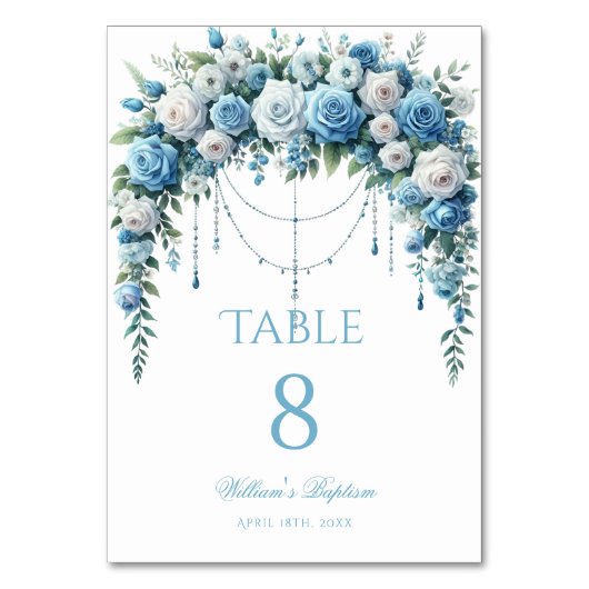 Blue Rose & Silver Cross Baptism Table Number Kaart (Voorkant)