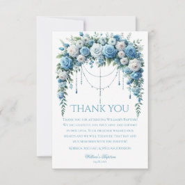Blue Rose & Silver Cross Baptism Thank You Card Bedankkaart