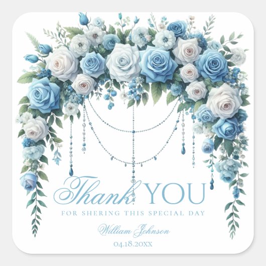 Blue Rose & Silver Cross Baptism Thank You Sticker (Voorkant)