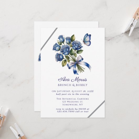 Blue Roses Butterfly Silver Brunch & Bubbly Kaart (Voorkant / Achterkant in situ)