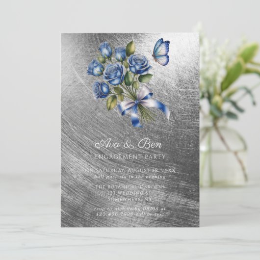 Blue Roses Butterfly Silver Engagement Party Kaart (Staand voorkant)