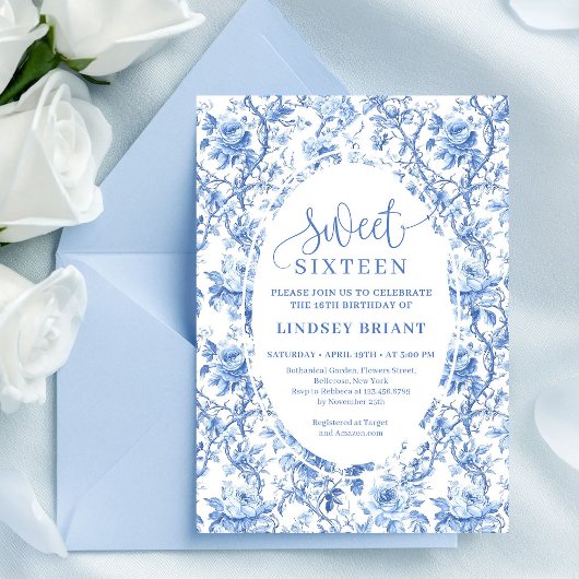 Blue Roses Digital Floral 16th Birthday Invitation Kaart