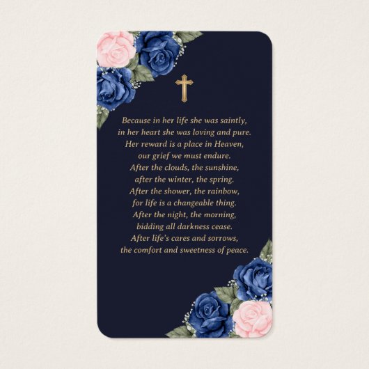 Blue Roses Gold Cross Funeral Prayer Kaart (Achterkant)
