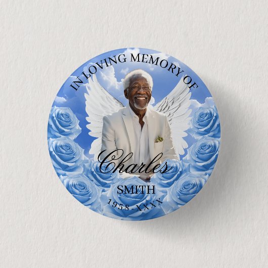 Blue Roses Sky Funeral Memorial Button Angel Wings (Voorkant)