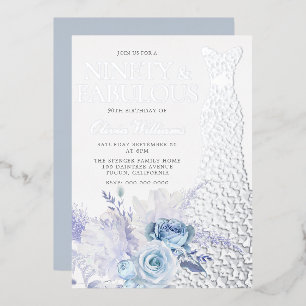Blue Roses Vrouw 90ste Verjaardagsfeest Echte Zilv Folie Uitnodiging