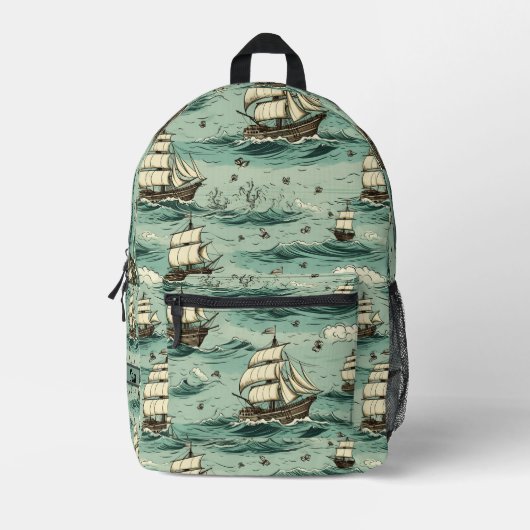  Blue Rough Sails Ship Blue Waterverf Bedrukte Rugzak (Voorkant)
