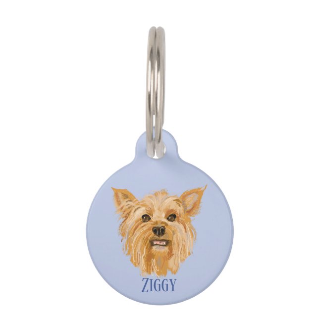 Blue round Dog ID Label Yorkshire Terrier hondenra Huisdierpenning (Voorkant)