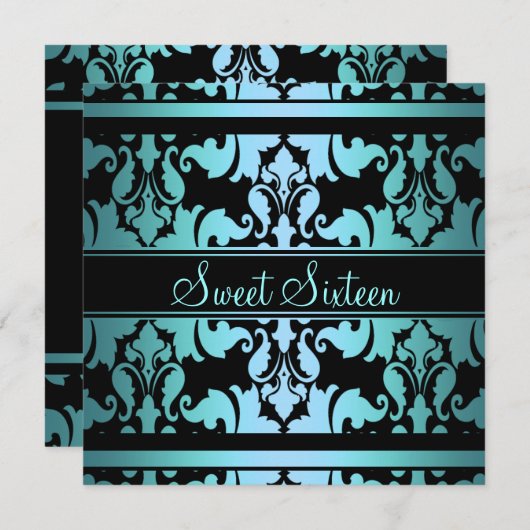 Blue Royal Damask Sweet16 Verjaardag Uitnodigen Kaart (Voorkant / Achterkant)