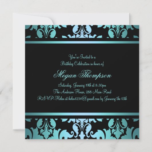 Blue Royal Damask Sweet16 Verjaardag Uitnodigen Kaart (Achterkant)