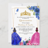 Blue Royal & Fuchsia Butterfly Twin Quinceanera Kaart (Voorkant)