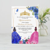 Blue Royal & Fuchsia Butterfly Twin Quinceanera Kaart (Staand voorkant)