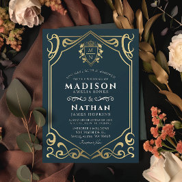 Blue Royal Medieval Fantasy Monogram Huwelijk Kaart