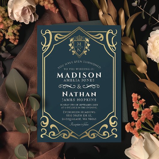 Blue Royal Medieval Fantasy Monogram Huwelijk Kaart