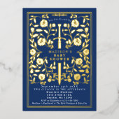 Blue Royal Medieval Gold Sword Boy Baby shower Folie Uitnodiging (Voorkant)