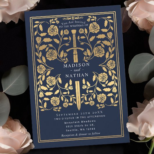 Blue Royal Medieval Gold Sword Wedding Invitation Kaart