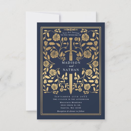 Blue Royal Medieval Gold Sword Wedding Invitation Kaart (Voorkant)