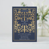 Blue Royal Medieval Gold Sword Wedding Invitation Kaart (Staand voorkant)