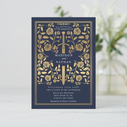 Blue Royal Medieval Gold Sword Wedding Invitation Kaart (Staand voorkant)
