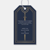 Blue Royal Medieval Gold Sword Wedding Welcome Cadeaulabel (Achterkant)