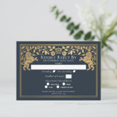 Blue Royal Medieval Lion Wedding RSVP Kaartje (Staand voorkant)