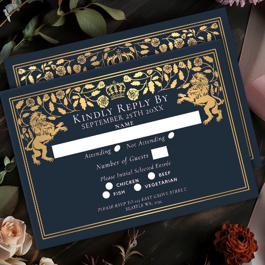 Blue Royal Medieval Lion Wedding RSVP Kaartje