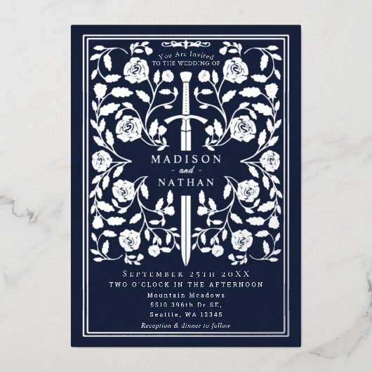 Blue Royal Medieval Silver Sword Wedding Folie Uitnodiging (Voorkant)