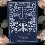 Blue Royal Medieval Silver Sword Wedding Kaart<br><div class="desc">Stap in een verhaal van romance en legende! Deze middeleeuwse fantasie bruiloft uitnodigingen zijn voorzien van een vorstelijk zwaard verstrengeld met zilveren bloemen op een diep blauwe achtergrond. Ze zijn perfect voor koppels die op zoek zijn naar een betoverende en tijdloze touch voor hun speciale dag. Merk op dat het...</div>