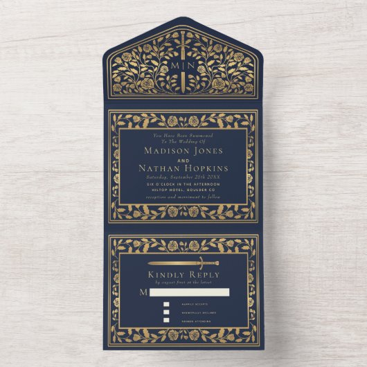 Blue Royal Medieval Sword Wedding All In One Uitnodiging (Binnen)