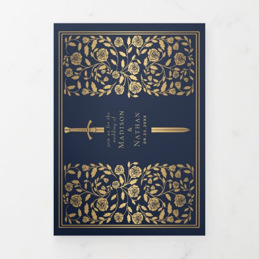 Blue Royal Medieval Sword Wedding Drieluik Uitnodiging (Cover)