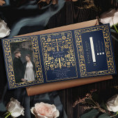 Blue Royal Medieval Sword Wedding Drieluik Uitnodiging