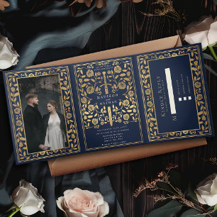 Blue Royal Medieval Sword Wedding Drieluik Uitnodiging