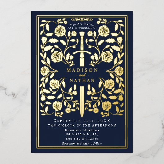 Blue Royal Medieval Sword Wedding Folie Uitnodiging (Voorkant)