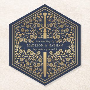 Blue Royal Medieval Sword Wedding Paper Onderzette Kartonnen Onderzetters