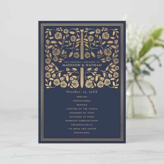 Blue Royal Medieval Sword Wedding Programme Programmakaart (Staand voorkant)