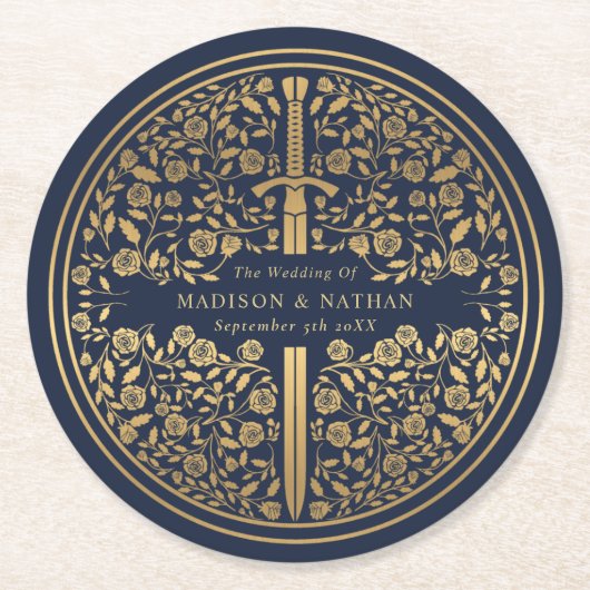 Blue Royal Medieval Sword Wedding Ronde Kartonnen Onderzetter (Voorkant)