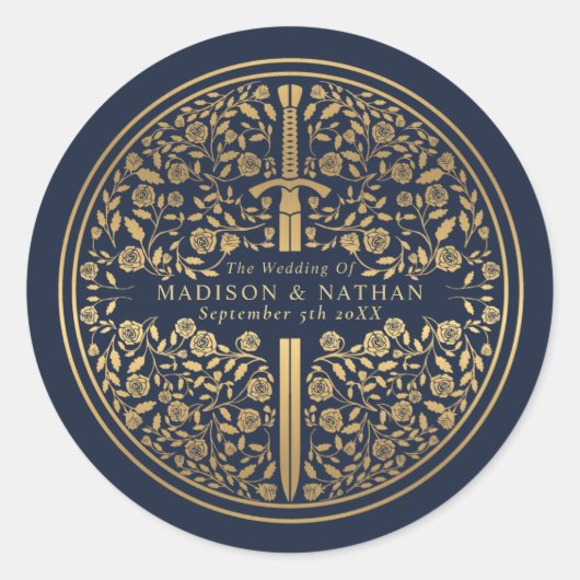 Blue Royal Medieval Sword Wedding Ronde Sticker (Voorkant)
