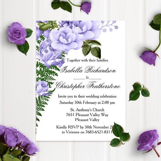 Blue Rozen and Ferns Wedding Kaart