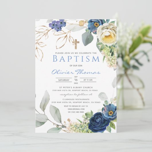 Blue Rozen Baptism Boy Uitnodiging (Staand voorkant)