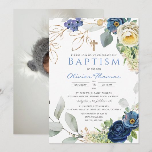 Blue Rozen Baptism Boy Uitnodiging (Voorkant / Achterkant)