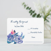 Blue Rozen Bouquet Wedding RSVP Kaartje (Staand voorkant)