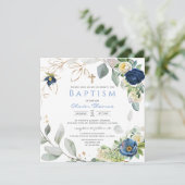 Blue Rozen Boy Baptism Invitation (Staand voorkant)