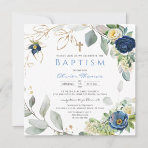 Blue Rozen Boy Baptism Invitation