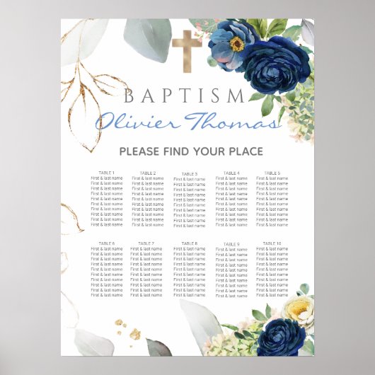 Blue Rozen Boy Baptism Seating Chart Poster (Voorkant)