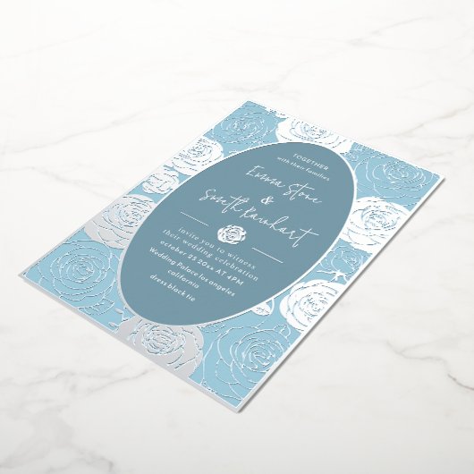Blue Rozen bruiloft Folie uitnodiging (Gedraaid)